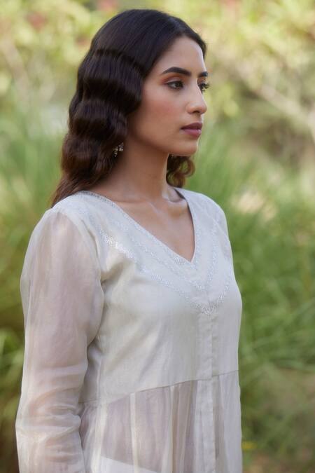 Buy Apeksha Jain Label White Tissue, Chanderi Gota, Kasab V Neck Anarkali And Palazzo Set Online at Aza Fashions Buy_Apeksha Jain Label_White Tissue, Chanderi Gota, Kasab V Neck Anarkali And Palazzo Set_Online_at_Aza_Fashions