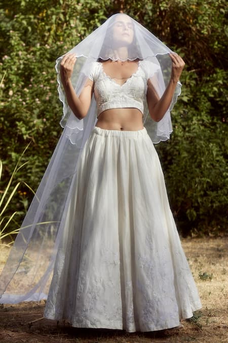 Apeksha Jain Label White Organza, Net, Chanderi Floral, Resham, Kasab Bird V Neck Lehenga Set