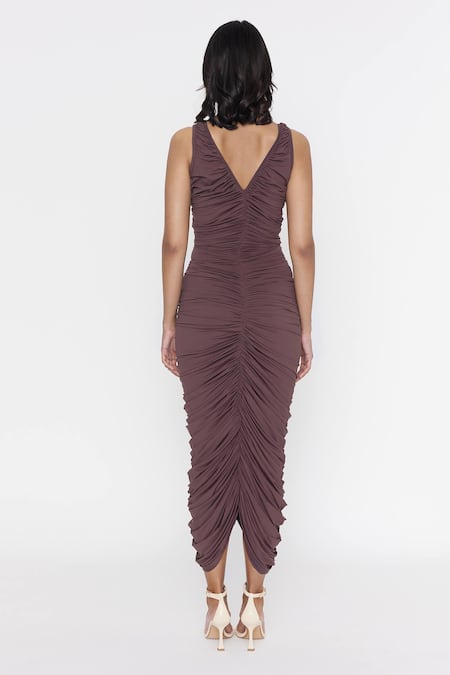 Shop Deme By Gabriella Brown Malai Lycra V Neck Ruched Bodycon Gown at Aza Fashions Shop_Deme By Gabriella_Brown Malai Lycra V Neck Ruched Bodycon Gown_at_Aza_Fashions