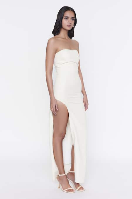 Deme By Gabriella_White Banana Crepe Strapless Gown_Online_at_Aza_Fashions