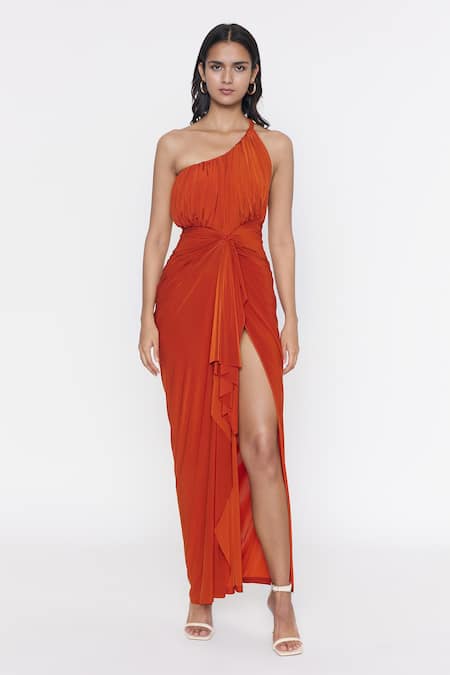 Deme by Gabriella - Orange Malai Lycra Plain One Shoulder Slit Gown For  Women
