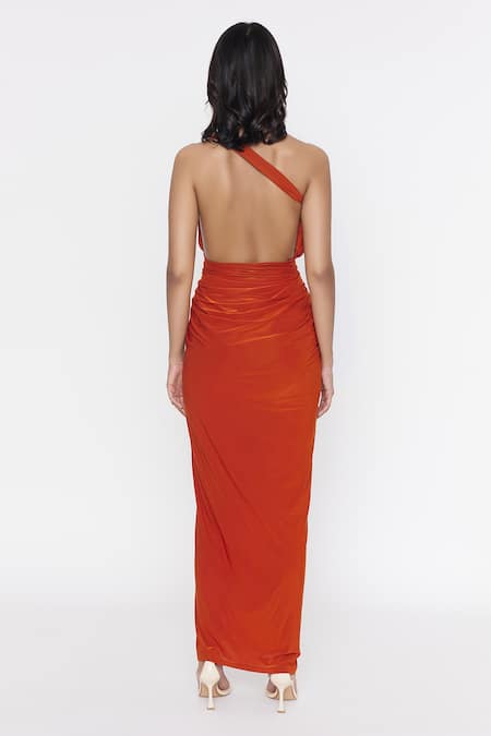 Deme by Gabriella Orange Malai Lycra Plain One Shoulder Slit Gown  2