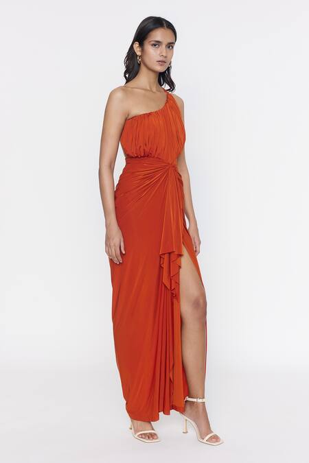 Deme by Gabriella Orange Malai Lycra Plain One Shoulder Slit Gown  3