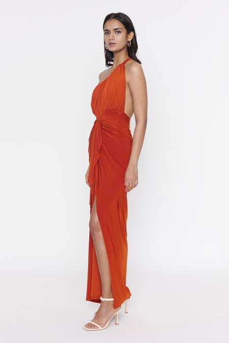 Deme by Gabriella Orange Malai Lycra Plain One Shoulder Slit Gown  4