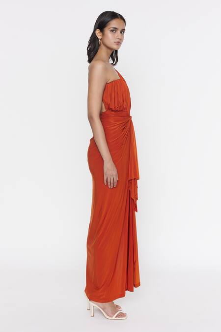 Deme by Gabriella Orange Malai Lycra Plain One Shoulder Slit Gown  5