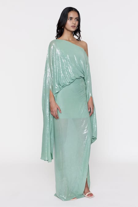 Deme By Gabriella Green Work One Shoulder Off Draped Gown Online at Aza Fashions Deme By Gabriella_Green Work One Shoulder Off Draped Gown _Online_at_Aza_Fashions