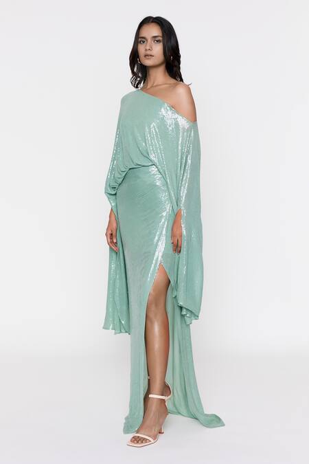Buy Deme By Gabriella Green Work One Shoulder Off Draped Gown Online at Aza Fashions Buy_Deme By Gabriella_Green Work One Shoulder Off Draped Gown _Online_at_Aza_Fashions