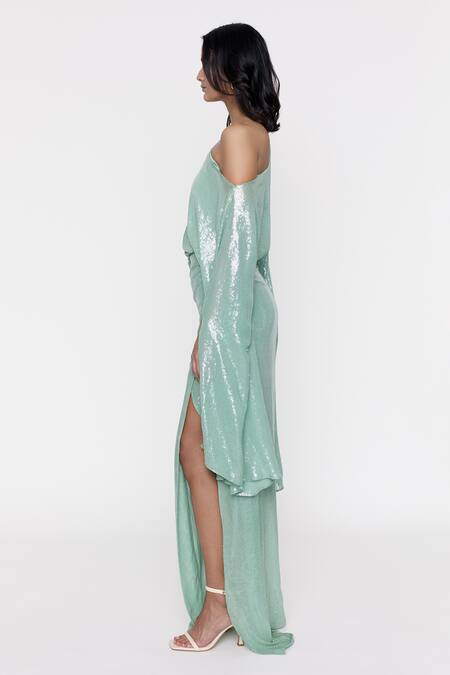 Shop Deme By Gabriella Green Work One Shoulder Off Draped Gown Online at Aza Fashions Shop_Deme By Gabriella_Green Work One Shoulder Off Draped Gown _Online_at_Aza_Fashions