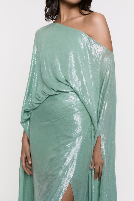 Deme By Gabriella Green Work One Shoulder Off Draped Gown at Aza Fashions Deme By Gabriella_Green Work One Shoulder Off Draped Gown _at_Aza_Fashions