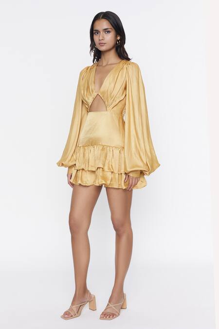 Deme By Gabriella_Gold Satin V Neck Puff Sleeve Cutout Dress_Online_at_Aza_Fashions