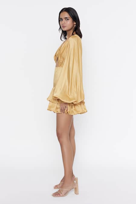 Buy_Deme By Gabriella_Gold Satin V Neck Puff Sleeve Cutout Dress_Online_at_Aza_Fashions