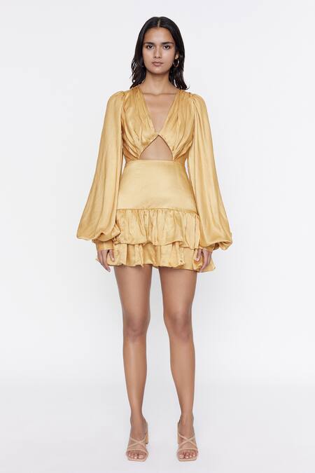 Shop_Deme By Gabriella_Gold Satin V Neck Puff Sleeve Cutout Dress_Online_at_Aza_Fashions