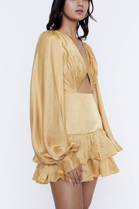 Deme By Gabriella_Gold Satin V Neck Puff Sleeve Cutout Dress_at_Aza_Fashions