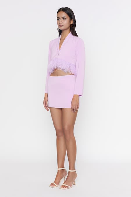 Deme By Gabriella_Purple Shawl Collar Feather Hem Jacket And Skirt Set_Online_at_Aza_Fashions