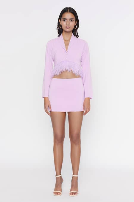 Shop_Deme By Gabriella_Purple Shawl Collar Feather Hem Jacket And Skirt Set_Online_at_Aza_Fashions