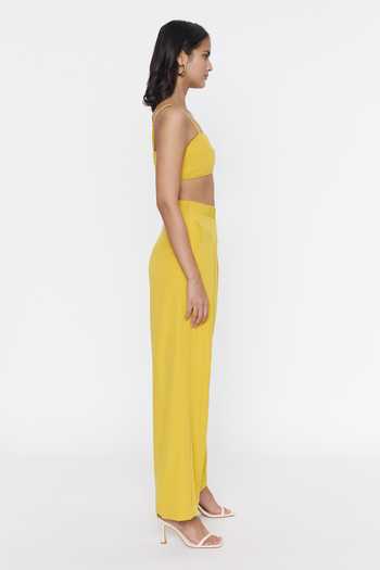 Deme By Gabriella_Yellow Banana Crepe Sweetheart Neck Solid Bustier Top And Pant Set_Online_at_Aza_Fashions