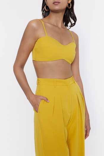 Deme By Gabriella_Yellow Banana Crepe Sweetheart Neck Solid Bustier Top And Pant Set_at_Aza_Fashions