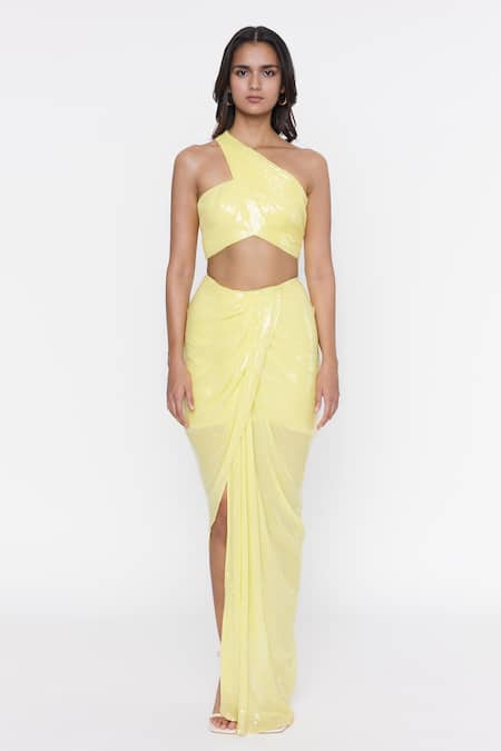 Deme by Gabriella Yellow Embroidered Sequin Work One Draped Skirt And Crop Top Set 