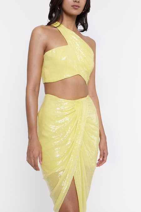 Shop_Deme By Gabriella_Yellow Sequin Work One Shoulder Draped Skirt And Crop Top Set_Online_at_Aza_Fashions