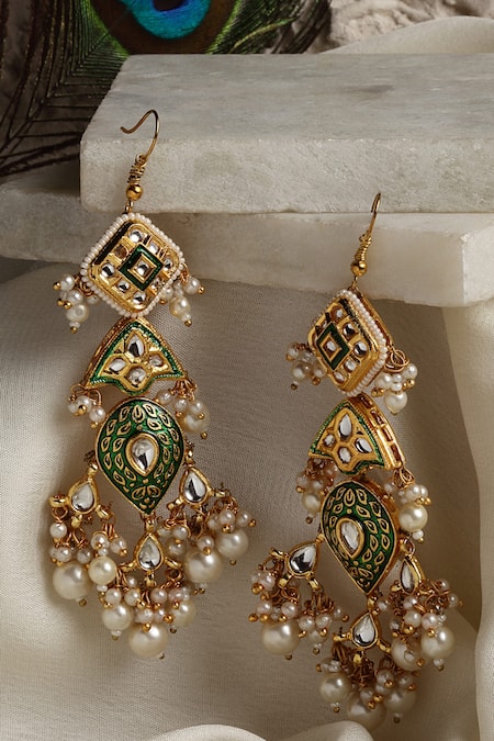 Dugran By Dugristyle Green Kundan And Pearls Drop Dangler Earrings