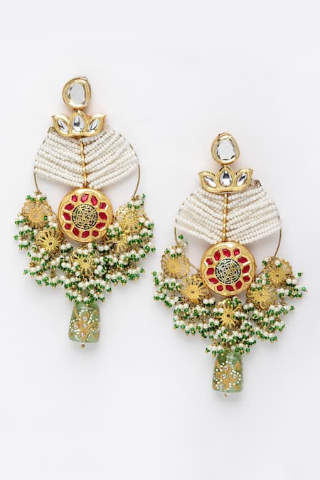 Shop Dugran By Dugristyle Red Pearls, Gota Patti Kundan Embellished Dangler Earrings at Aza Fashions Shop_Dugran By Dugristyle_Red Pearls, Gota Patti Kundan Embellished Dangler Earrings _at_Aza_Fashions