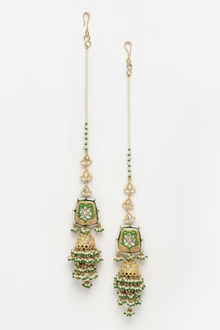 Shop Dugran By Dugristyle Green Pearls, Lace, Diamonds Meenakari Work Jhumkis at Aza Fashions Shop_Dugran By Dugristyle_Green Pearls, Lace, Diamonds Meenakari Work Jhumkis _at_Aza_Fashions