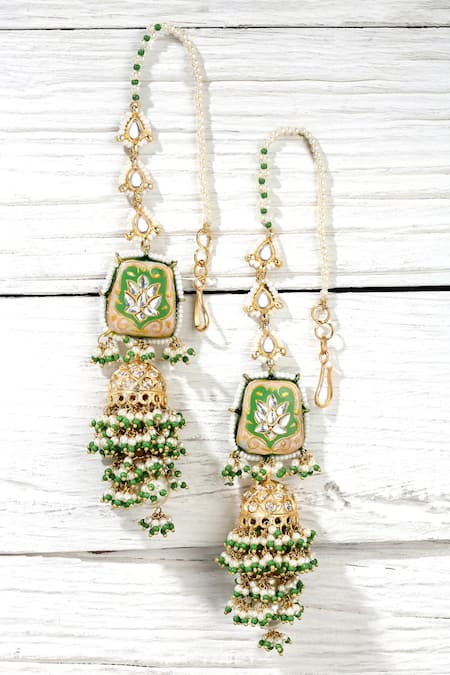 Dugran By Dugristyle Green Pearls, Lace, Diamonds Meenakari Work Jhumkis Online at Aza Fashions Dugran By Dugristyle_Green Pearls, Lace, Diamonds Meenakari Work Jhumkis _Online_at_Aza_Fashions