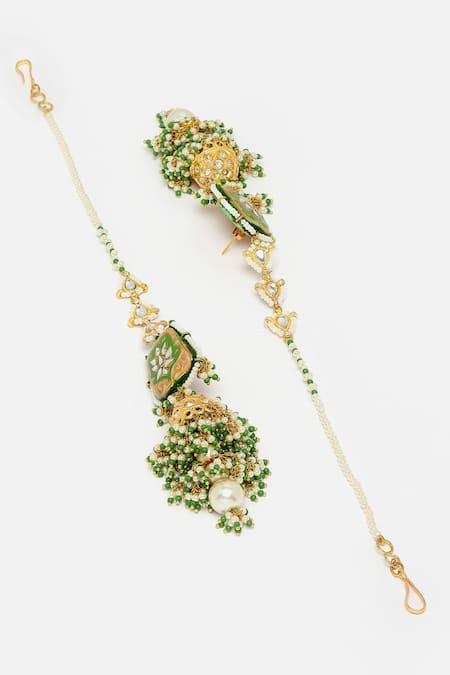 Buy Dugran By Dugristyle Green Pearls, Lace, Diamonds Meenakari Work Jhumkis Online at Aza Fashions Buy_Dugran By Dugristyle_Green Pearls, Lace, Diamonds Meenakari Work Jhumkis _Online_at_Aza_Fashions