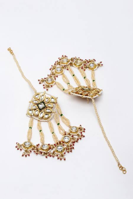 Dugran By Dugristyle_Red Pearls, Metallic Thread Kundan Embellished Dangler Earrings _Online_at_Aza_Fashions