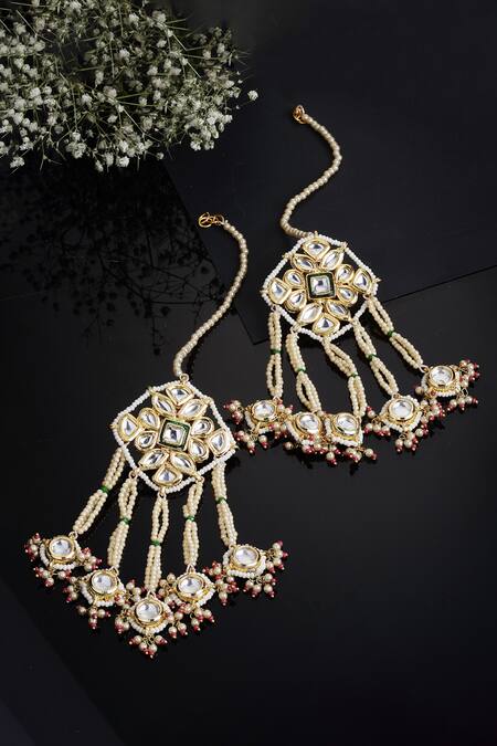 Buy_Dugran By Dugristyle_Red Pearls, Metallic Thread Kundan Embellished Dangler Earrings _Online_at_Aza_Fashions