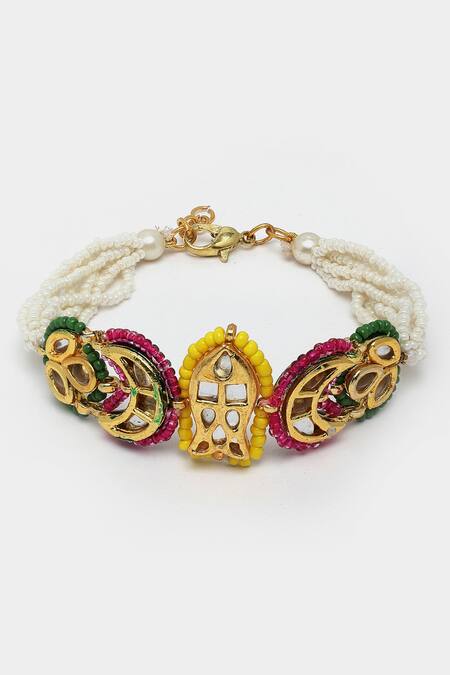 Shop Dugran By Dugristyle Gold Plated Pearls Kundan Embellished Bracelet at Aza Fashions Shop_Dugran By Dugristyle_Gold Plated Pearls Kundan Embellished Bracelet _at_Aza_Fashions