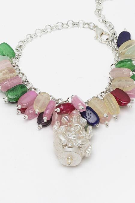 Shop Dugran By Dugristyle Silver Plated Pearls, Stones Ganesha Charm Bracelet With Multicolor Beads Online at Aza Fashions Shop_Dugran By Dugristyle_Silver Plated Pearls, Stones Ganesha Charm Bracelet With Multicolor Beads _Online_at_Aza_Fashions