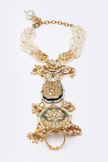 Shop_Dugran By Dugristyle_Gold Plated Pearls, Stones, Diamonds Multi Layered Kundan Hathphool _at_Aza_Fashions