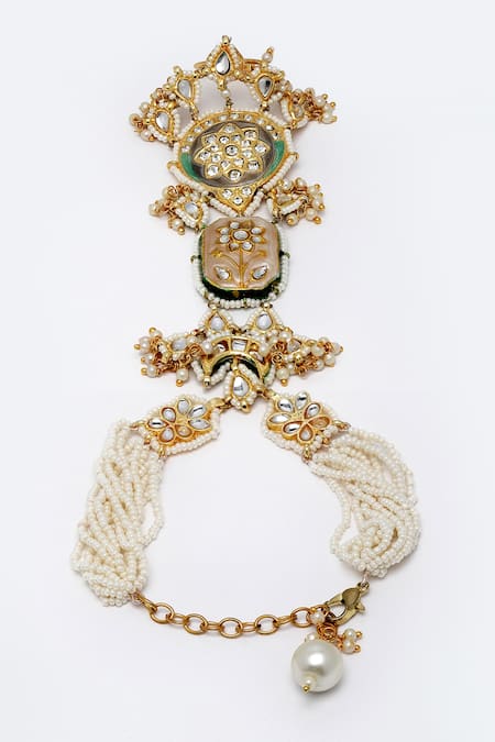 Buy_Dugran By Dugristyle_Gold Plated Pearls, Stones, Diamonds Multi Layered Kundan Hathphool _Online_at_Aza_Fashions