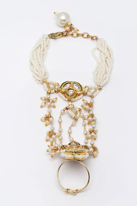 Shop Dugran By Dugristyle Gold Plated Pearls Kundan Hathphool at Aza Fashions Shop_Dugran By Dugristyle_Gold Plated Pearls Kundan Hathphool _at_Aza_Fashions