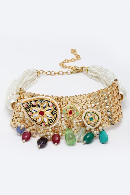 Shop_Dugran By Dugristyle_Gold Plated Kundan Meenakari Choker With Stone Drops _at_Aza_Fashions