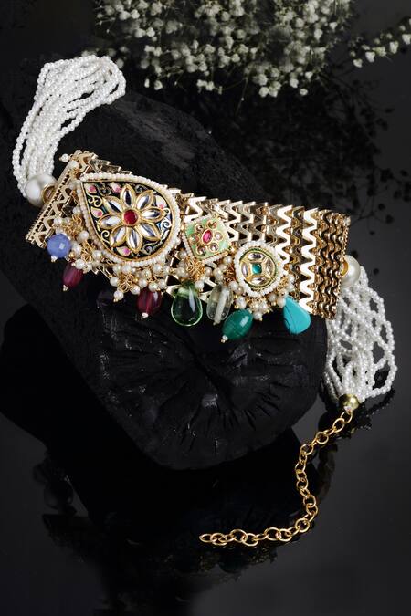 Dugran By Dugristyle_Gold Plated Kundan Meenakari Choker With Stone Drops _Online_at_Aza_Fashions