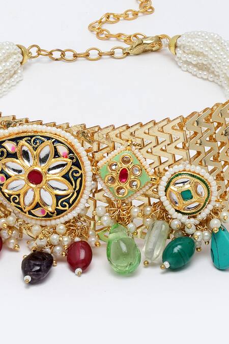 Buy_Dugran By Dugristyle_Gold Plated Kundan Meenakari Choker With Stone Drops _Online_at_Aza_Fashions
