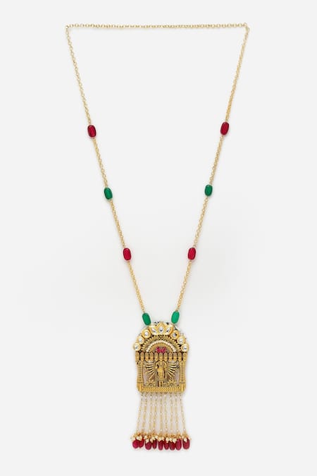 Shop Dugran By Dugristyle Gold Plated Temple Motif Kundan Pendant Necklace at Aza Fashions Shop_Dugran By Dugristyle_Gold Plated Temple Motif Kundan Pendant Necklace _at_Aza_Fashions