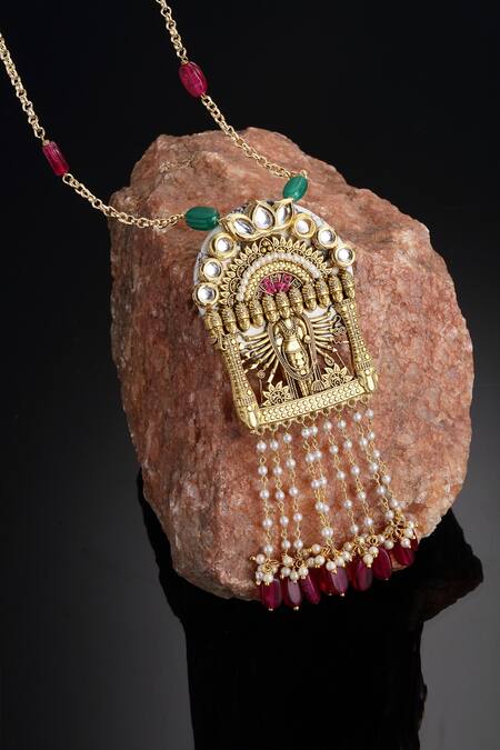 Dugran By Dugristyle Gold Plated Temple Motif Kundan Pendant Necklace Online at Aza Fashions Dugran By Dugristyle_Gold Plated Temple Motif Kundan Pendant Necklace _Online_at_Aza_Fashions