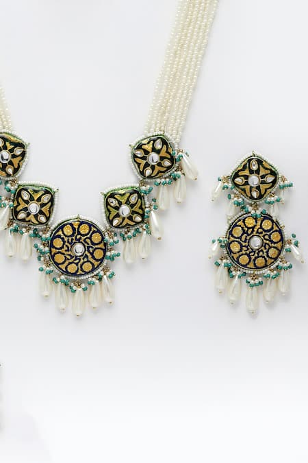 Dugran By Dugristyle_Blue Pearls, Lace, Stones Meenakari Necklace Set _at_Aza_Fashions