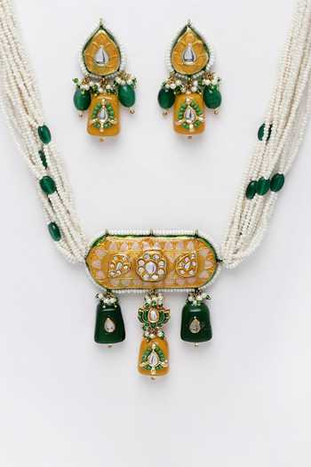Dugran By Dugristyle Gold Plated Pearls, Fabric Flowers Floral Meenakari Necklace Set at Aza Fashions Dugran By Dugristyle_Gold Plated Pearls, Fabric Flowers Floral Meenakari Necklace Set _at_Aza_Fashions