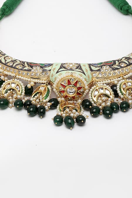 Dugran By Dugristyle Blue Pearls, Fabric Flowers, Stones Floral Meenakari Necklace Set at Aza Fashions Dugran By Dugristyle_Blue Pearls, Fabric Flowers, Stones Floral Meenakari Necklace Set _at_Aza_Fashions