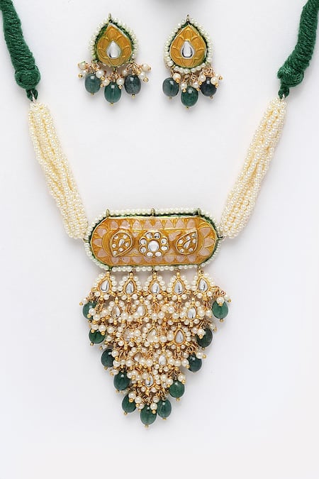 Dugran By Dugristyle_Gold Plated Pearls, Fabric Flowers, Stones Floral Motif Kundan Necklace Set _Online_at_Aza_Fashions