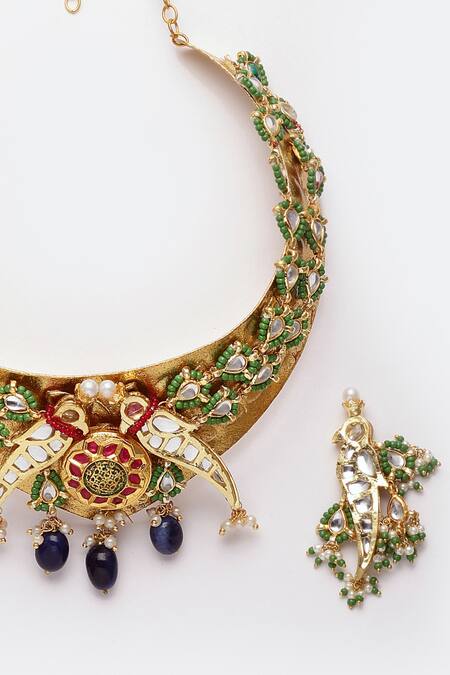 Shop_Dugran By Dugristyle_Multi Color Pearls, Lace, Stones Kundan Bird Motif Choker Set_Online_at_Aza_Fashions