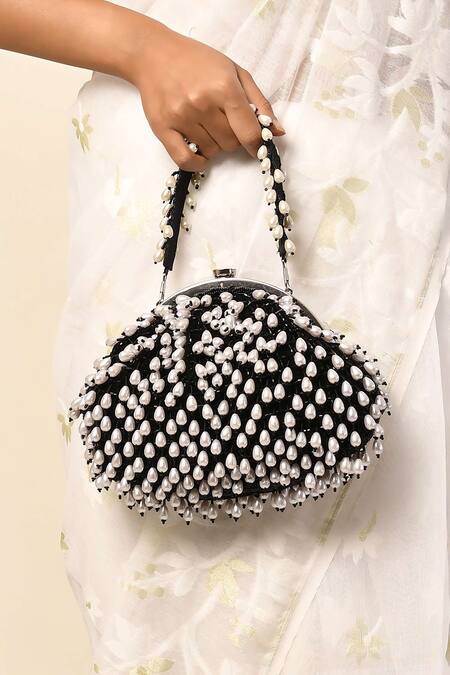 Samyukta Singhania_Black Embroidered Pearl Potli Bag_at_Aza_Fashions