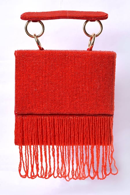Buy_Nazaakat By Samara Singh_Red Embroidery, Beads Fringe Clutch _Online_at_Aza_Fashions