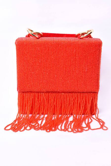 Shop_Nazaakat By Samara Singh_Red Embroidery, Beads Fringe Clutch _Online_at_Aza_Fashions