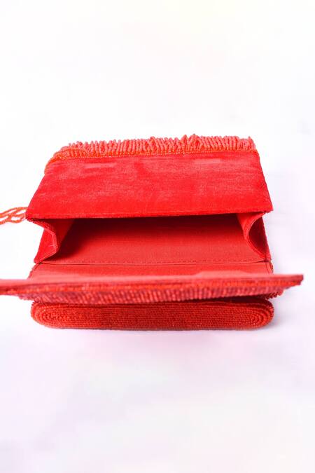 Nazaakat By Samara Singh_Red Embroidery, Beads Fringe Clutch _at_Aza_Fashions
