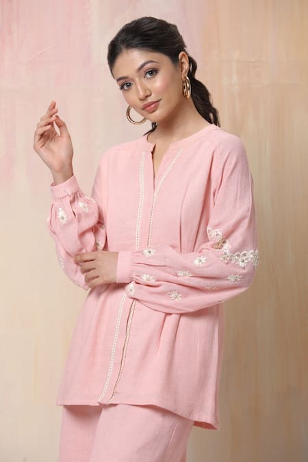 Buy_Leela By A_Pink Jute , Mulmul Floral Embroidered Sleeve Kurta And Palazzo Set_Online_at_Aza_Fashions